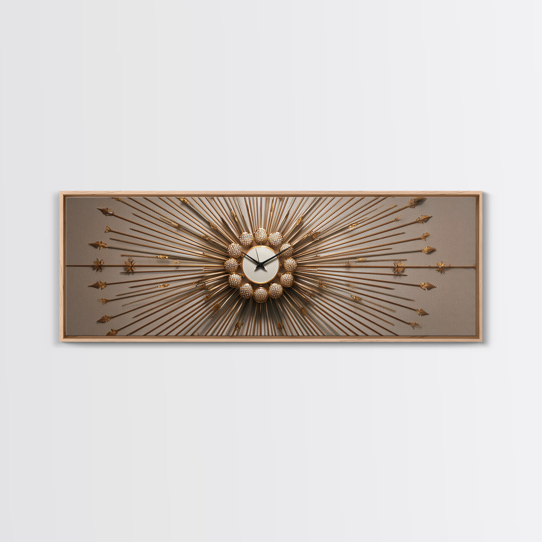 Gold Sunburst Clock Sculpture Framed Canvas Print, Mid Century Modern Wall Art, Hollywood Regency Decor For Living Room