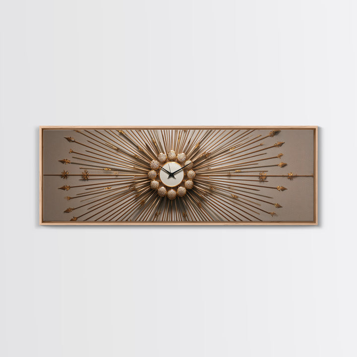 Gold Sunburst Clock Sculpture Framed Canvas Print, Mid Century Modern Wall Art, Hollywood Regency Decor For Living Room