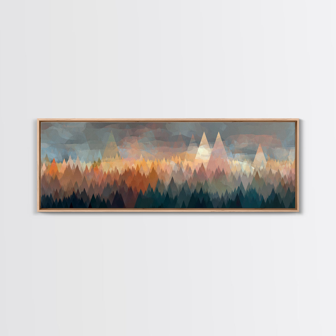 Misty Triangle Forest And Mountain Wall Art, Midcentury Modern Decor, Geometric Landscape Print, Teal Orange Home Decor Art