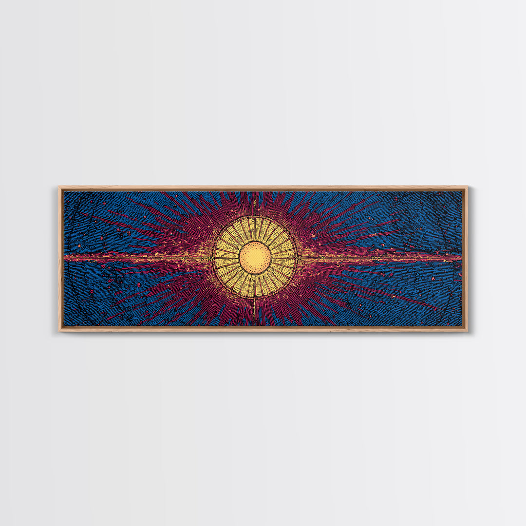 Blue Magenta Solar Burst Wall Art, Mid Century Modern Abstract Print, Cosmic Retro Decor For Living Room And Office, Wall Decor