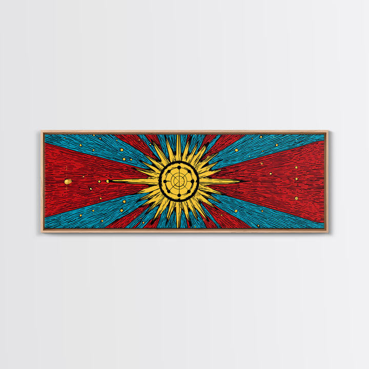 Radiant Atomic Sunburst And Orbiting Stars Canvas Print, Mid Century Modern Wall Art, Retro Space Decor, Bold MCM Poster
