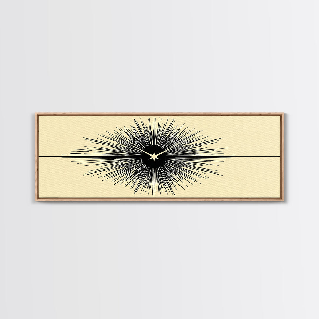 Black Starburst Atomic Eye Canvas Print, Mid Century Modern Wall Art, Minimalist Retro Poster, Beige Space Age Home Decor