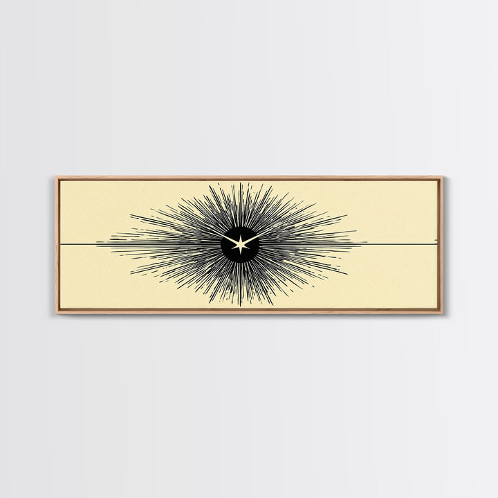 Black Starburst Atomic Eye Canvas Print, Mid Century Modern Wall Art, Minimalist Retro Poster, Beige Space Age Home Decor