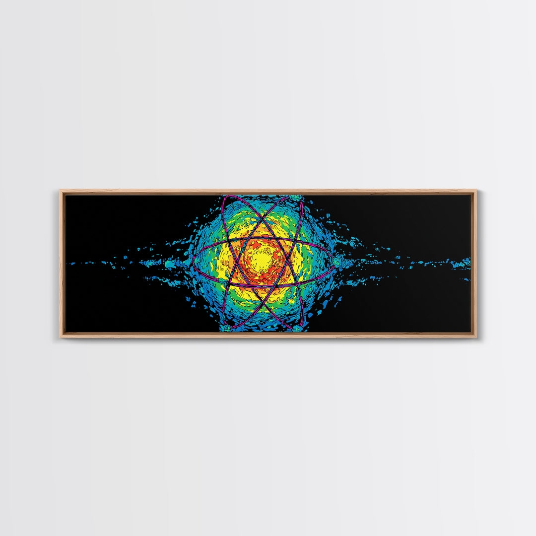 Glowing Yellow Atom And Blue Particle Waves Canvas Print, Midcentury Modern Wall Art, Retro Science Poster, Space Decor Art