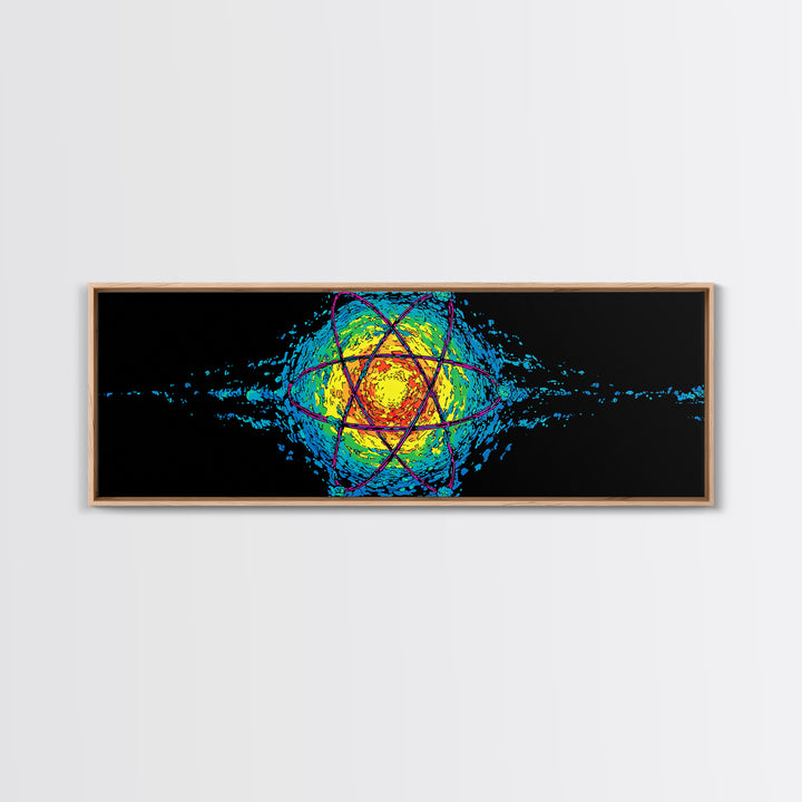 Glowing Yellow Atom And Blue Particle Waves Canvas Print, Midcentury Modern Wall Art, Retro Science Poster, Space Decor Art