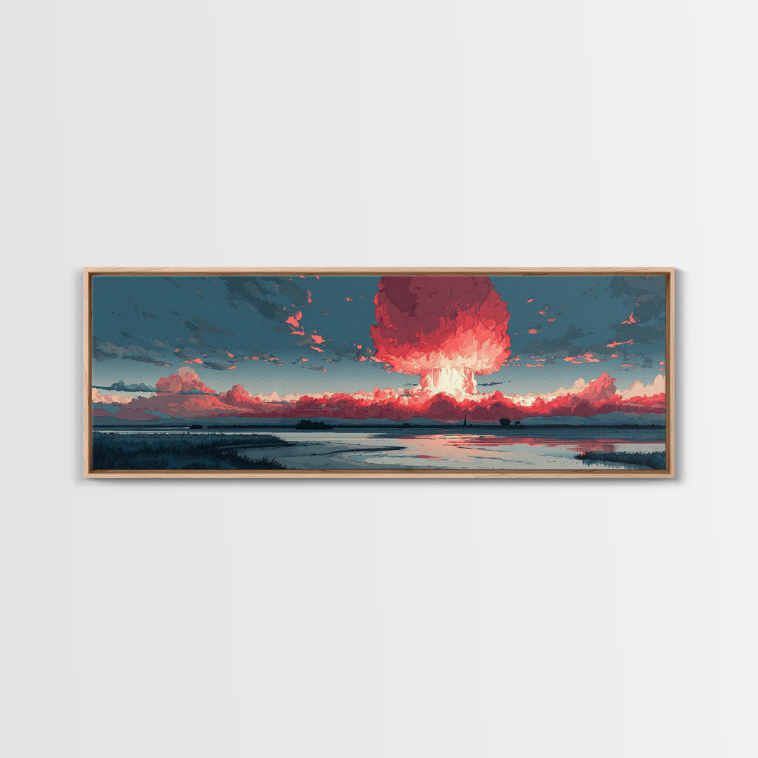 Dramatic Red Mushroom Cloud Over Wetlands Wall Art, Modern Abstract Art Print, Sci Fi Landscape Poster, Statement Home Decor