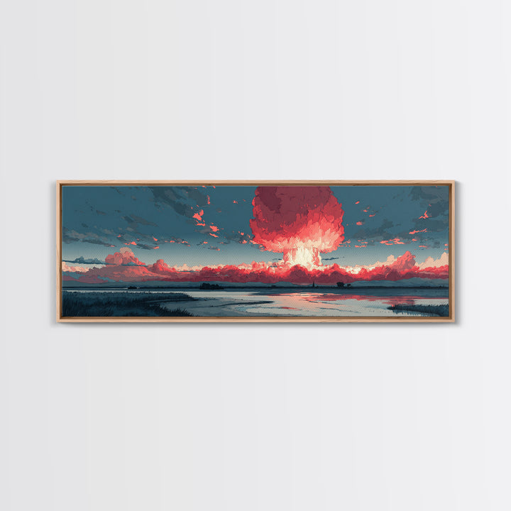 Dramatic Red Mushroom Cloud Over Wetlands Wall Art, Modern Abstract Art Print, Sci Fi Landscape Poster, Statement Home Decor