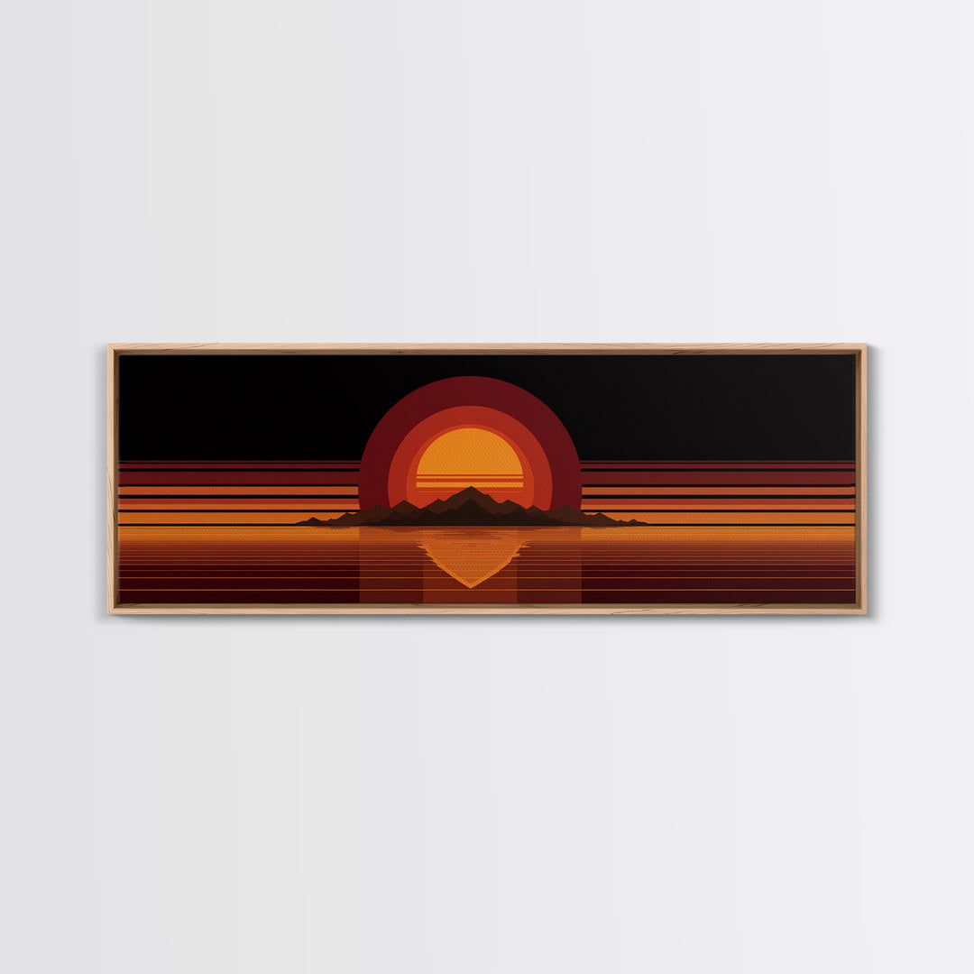 Orange Desert Sun And Mountain Reflection Wall Art, Retro Midcentury Canvas Print, Black Minimalist Modern Home Decor Poster