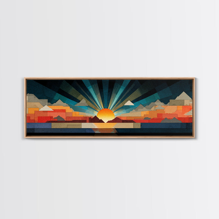 Art Deco Sunrise Mountain Landscape Wall Art, Midcentury Modern Canvas Print, Bold Geometric Retro Living Room Decor Poster