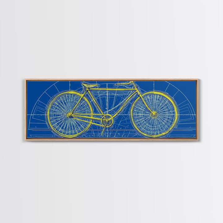Blue Yellow Bicycle Blueprint Canvas Print, Mid Century Modern Wall Art, Cycling Poster, Geometric Retro Office Decor Gift