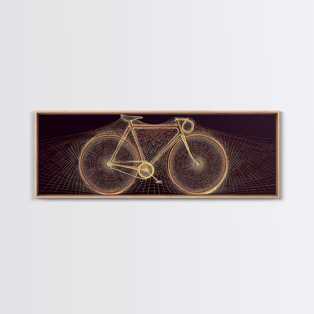 Glowing Gold Road Bicycle Framed Canvas Print, Retro Futuristic Cycling Wall Art, Modern Geometric Poster, Man Cave Decor