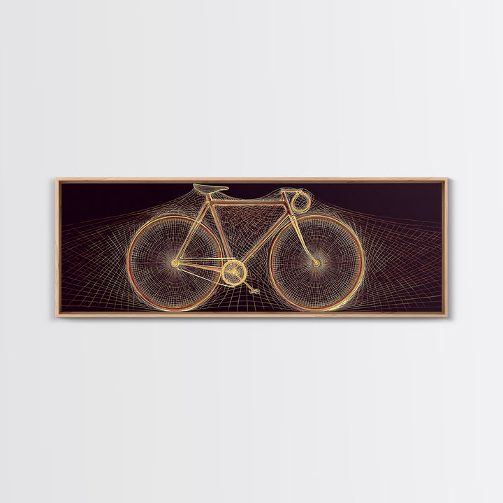 Glowing Gold Road Bicycle Framed Canvas Print, Retro Futuristic Cycling Wall Art, Modern Geometric Poster, Man Cave Decor