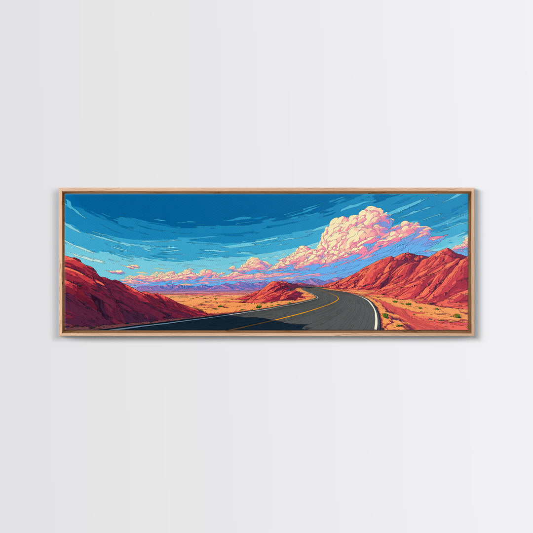Red Canyon Highway Framed Canvas Print, Modern Wall Art, Retro Travel Poster Style, Colorful Landscape, Southwestern Decor