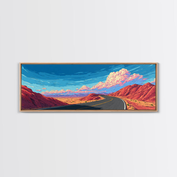 Red Canyon Highway Framed Canvas Print, Modern Wall Art, Retro Travel Poster Style, Colorful Landscape, Southwestern Decor