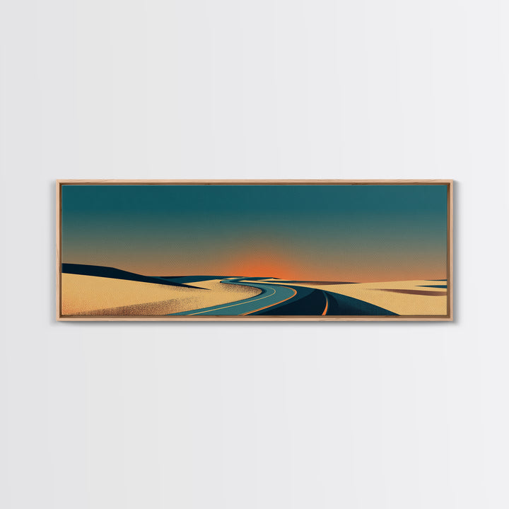 Minimal Sunset Desert Road Canvas Print, Mid Century Modern Landscape Wall Decor, Retro Travel Poster, Warm Neutral Art Print