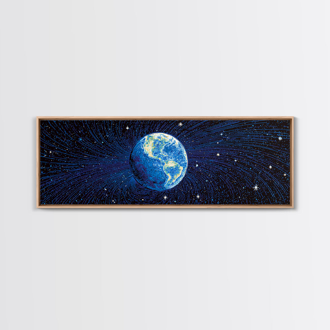 Blue Earth Magnetosphere And Starfield Wall Art, Retro Space Science Poster, Modern Digital Art Print For Office Decor And Astronomy Gift