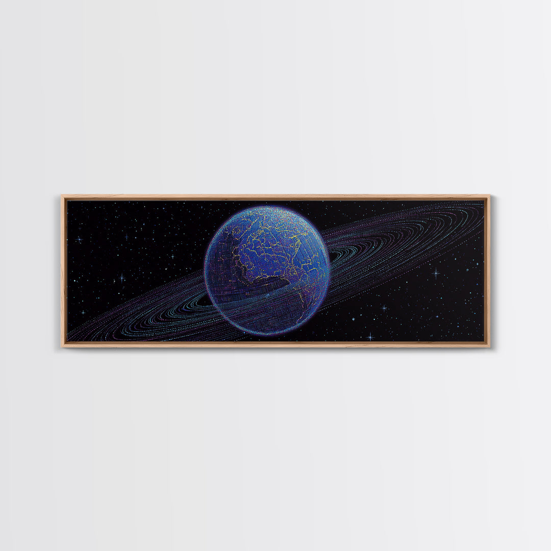 Ringed Blue Planet In Starry Space Canvas Print, Retro Sci Fi Wall Decor, Modern Digital Art Poster For Office And Bedroom