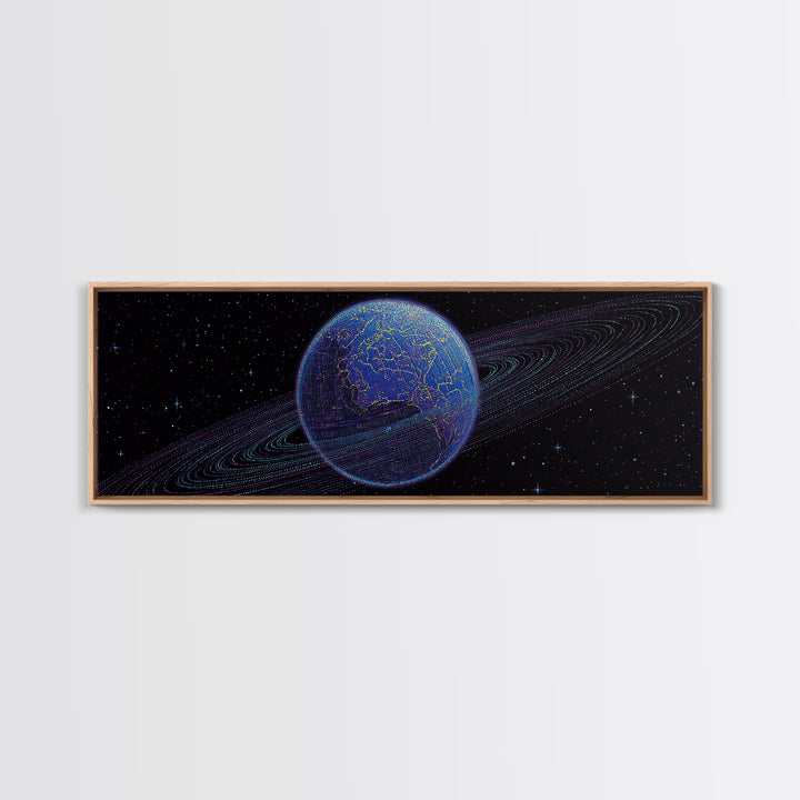 Ringed Blue Planet In Starry Space Canvas Print, Retro Sci Fi Wall Decor, Modern Digital Art Poster For Office And Bedroom