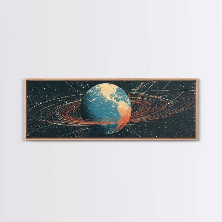 Retro Earth Orbit Lines And Star Map Wall Art, Mid Century Modern Space Poster, Scientific Astronomy Print For Office Decor