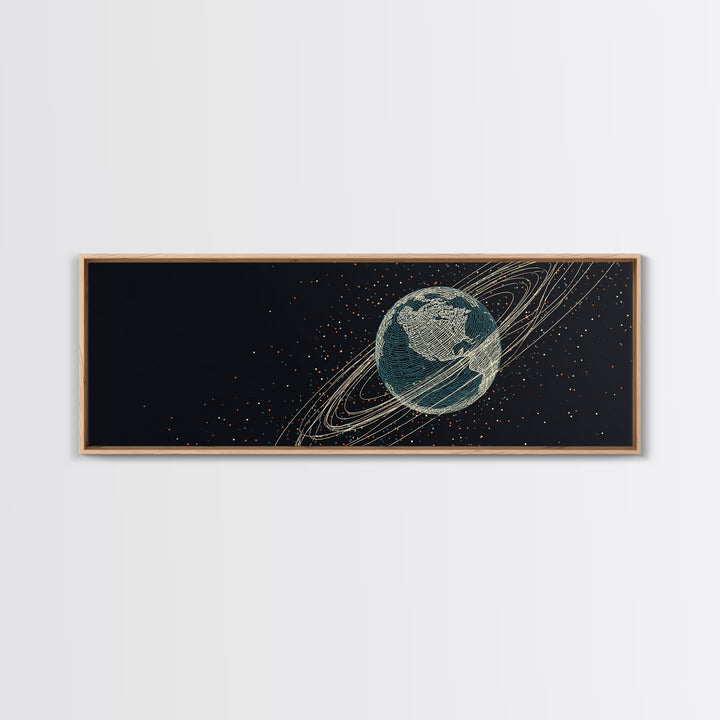 Dark Earth With Orbital Rings Framed Canvas Print, Retro Space Science Wall Decor, Modern Astronomy Art For Home Office Gift