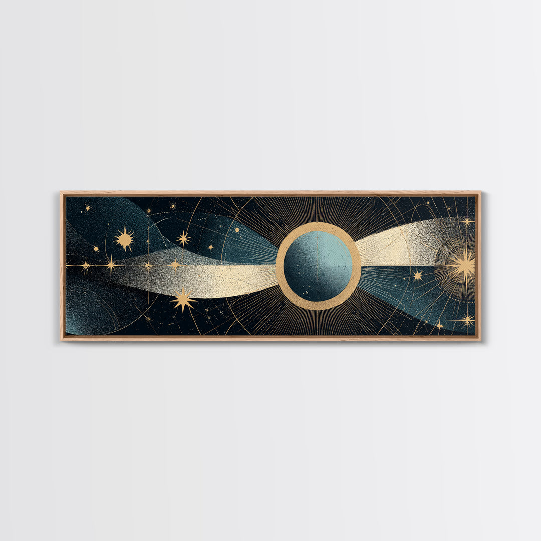 Abstract Solar Eclipse With Golden Stars Wall Art, Mid Century Modern Celestial Poster, Cosmic Retro Print For Living Room