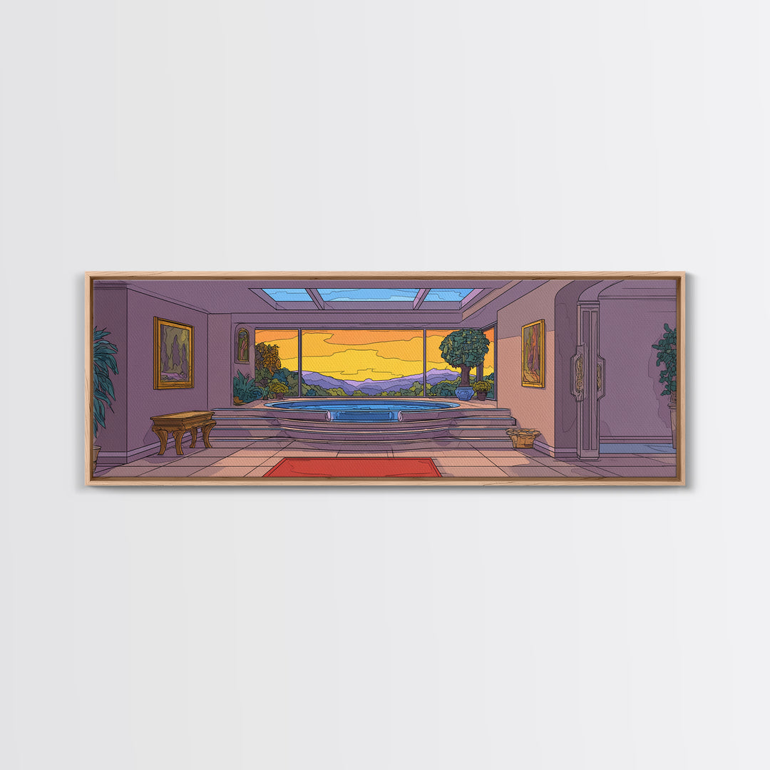 Retro Modern Interior With Sunset Mountain View Wall Art, Mid Century Modern Home Decor, Architectural Landscape Poster Print