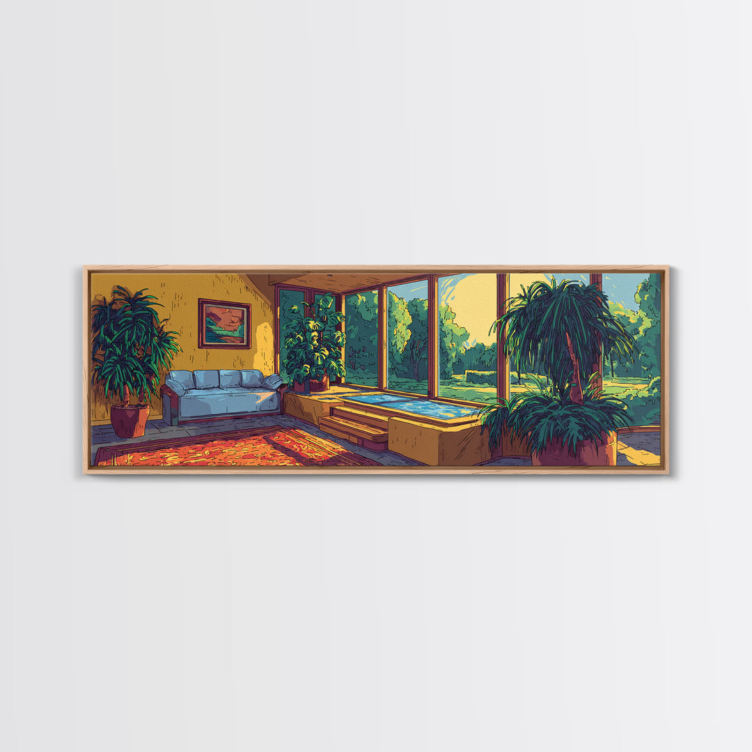 Sunlit Living Room With Lush Houseplants Canvas Print, Mid Century Modern Interior Wall Decor, Cozy Botanical Art Print Poster