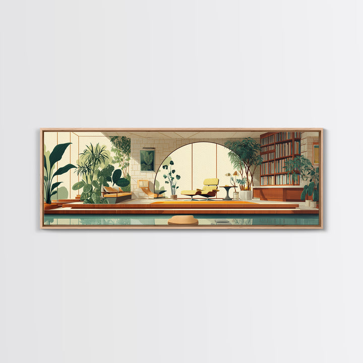 Sunlit Indoor Pool Atrium With Plants Wall Art, Midcentury Modern Decor, MCM Home Office, Retro Architectural Living Room Print
