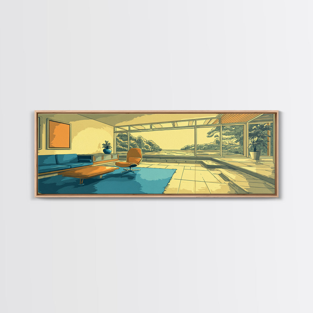 Teal Yellow Living Room With Mountain View Framed Canvas Print, Midcentury Modern Wall Decor, Retro MCM Architecture Home Art