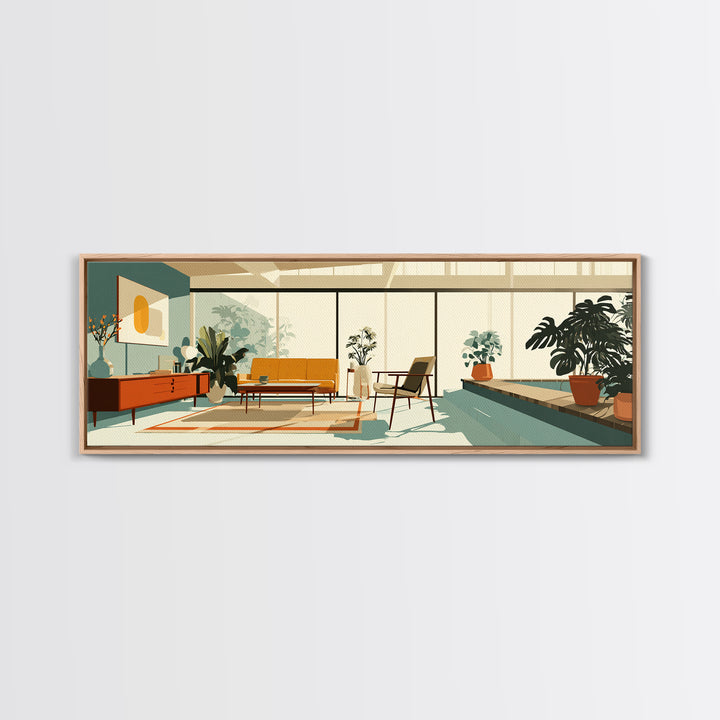 Sunny Plant Filled Living Room Wall Art, Midcentury Modern Decor, MCM Furniture, Retro Architectural Home Office Canvas Print