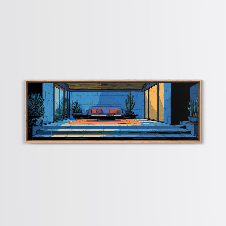 Blue Desert Courtyard With Cactus Wall Art, Midcentury Modern Decor, Retro Patio Architecture, MCM Large Framed Canvas Print
