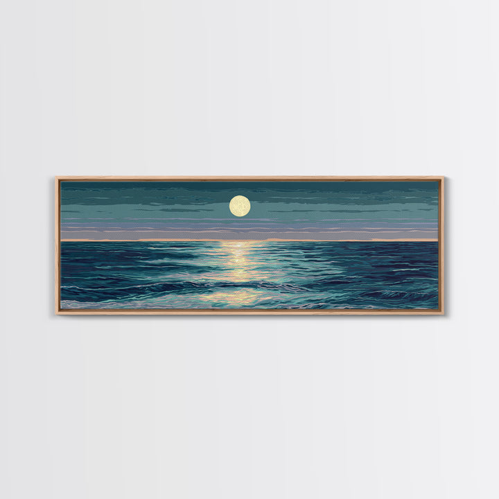 Moonlit Ocean Waves Under Full Moon Wall Art, Coastal Modern Decor, Blue Seascape, Serene Bedroom Living Room Canvas Print