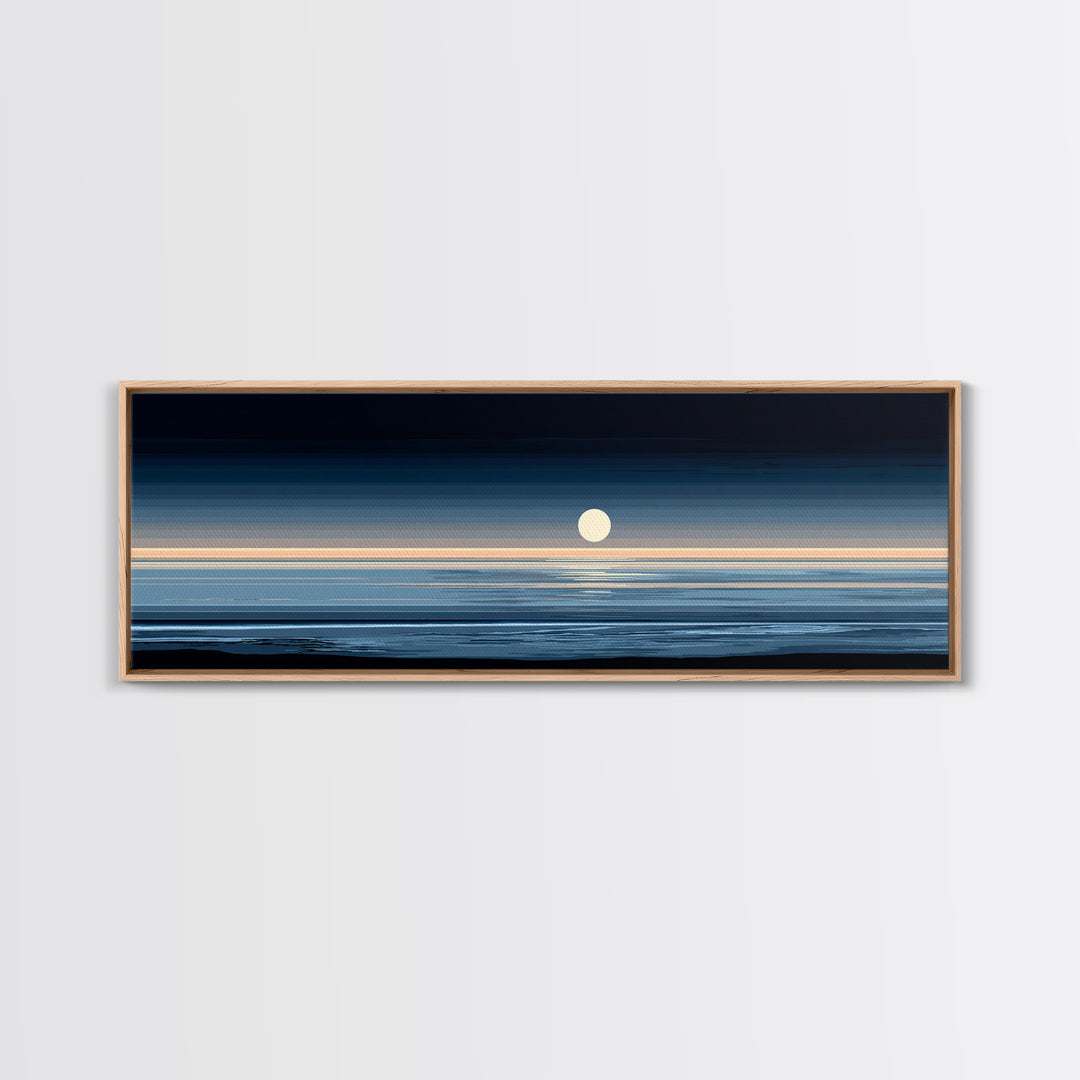 Minimal Moon Over Calm Horizon Wall Art, Modern Coastal Decor, Blue Abstract Seascape, Serene Bedroom Large Canvas Print