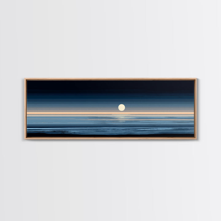 Minimal Moon Over Calm Horizon Wall Art, Modern Coastal Decor, Blue Abstract Seascape, Serene Bedroom Large Canvas Print