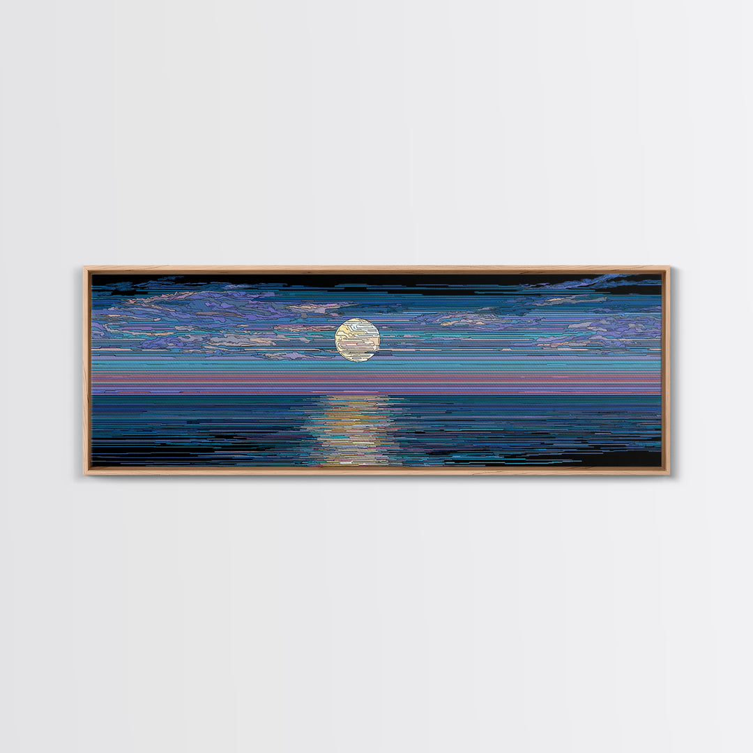 Striped Full Moon Ocean Reflection Wall Art, Modern Abstract Decor, Blue Coastal Seascape, MCM Retro Bedroom Canvas Print