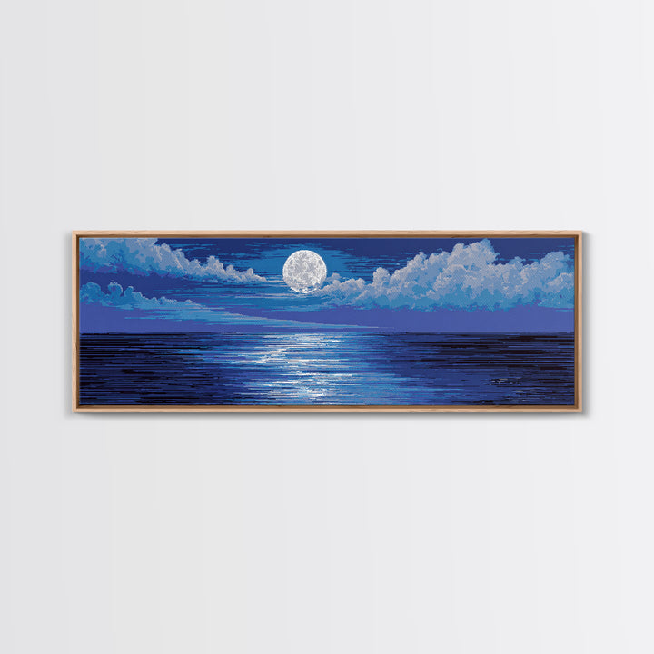 Bright Full Moon Over Blue Ocean Clouds Wall Art, Modern Coastal Decor, Serene Seascape, Bedroom Living Room Large Canvas Print