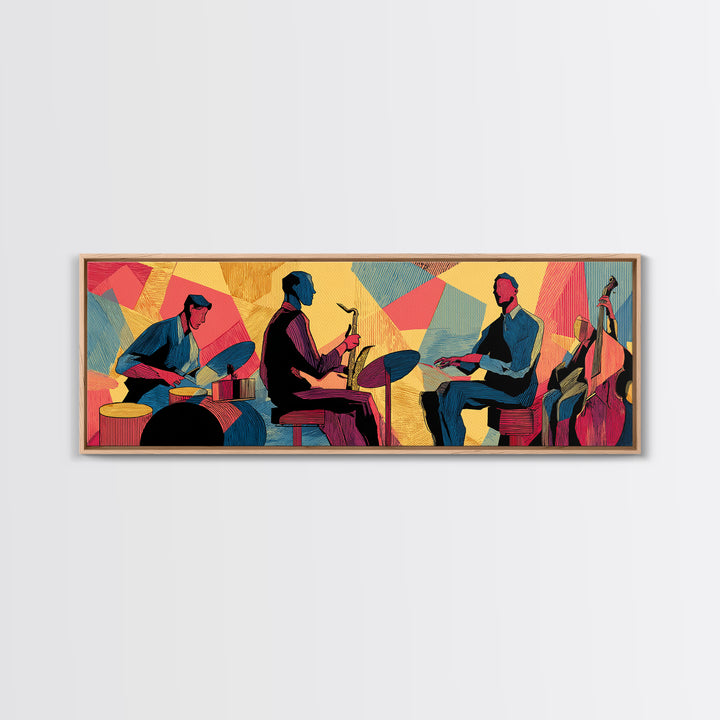 Vibrant Jazz Trio And Bass Canvas Print, Midcentury Modern Wall Art, Colorful Music Poster, Bold Retro Living Room Decor