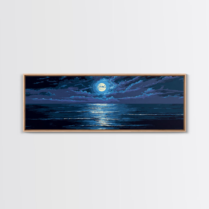 Dramatic Moonlit Ocean With Storm Clouds Wall Art, Modern Coastal Decor, Blue Seascape, Moody Bedroom Large Canvas Print