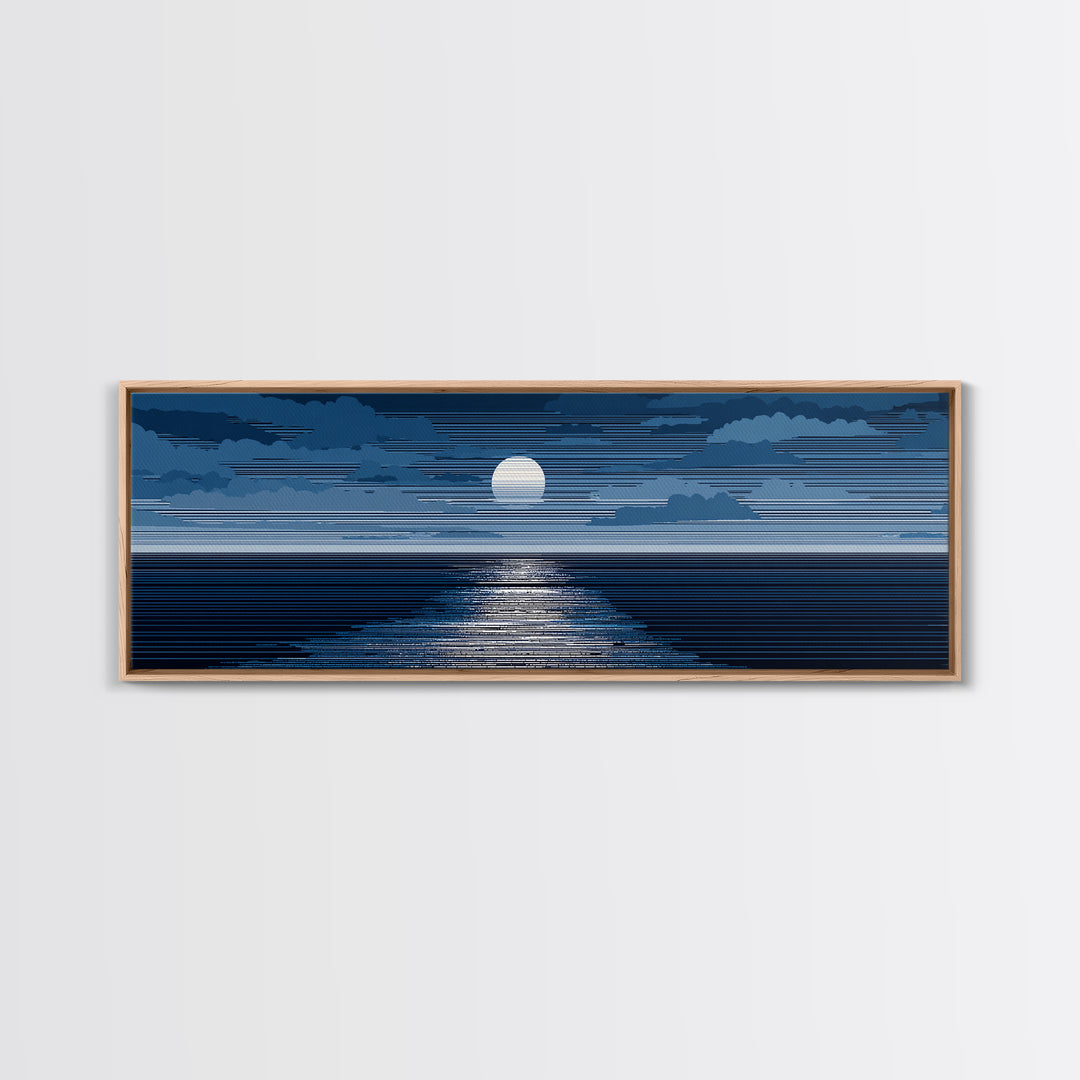 Blue Moonlit Ocean Horizon Wall Art, Mid Century Modern Seascape Print, Navy Coastal Decor, Serene Bedroom Artwork, Living Room Art