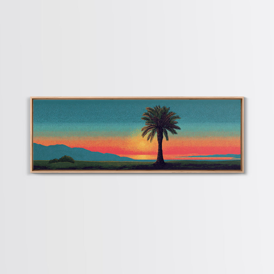 Grainy Palm Mountain Sunset Wall Art, Retro California Landscape Print, Teal Orange Mid Century Decor, Tropical Living Room Art
