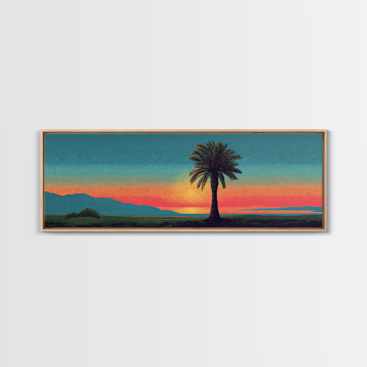Grainy Palm Mountain Sunset Wall Art, Retro California Landscape Print, Teal Orange Mid Century Decor, Tropical Living Room Art