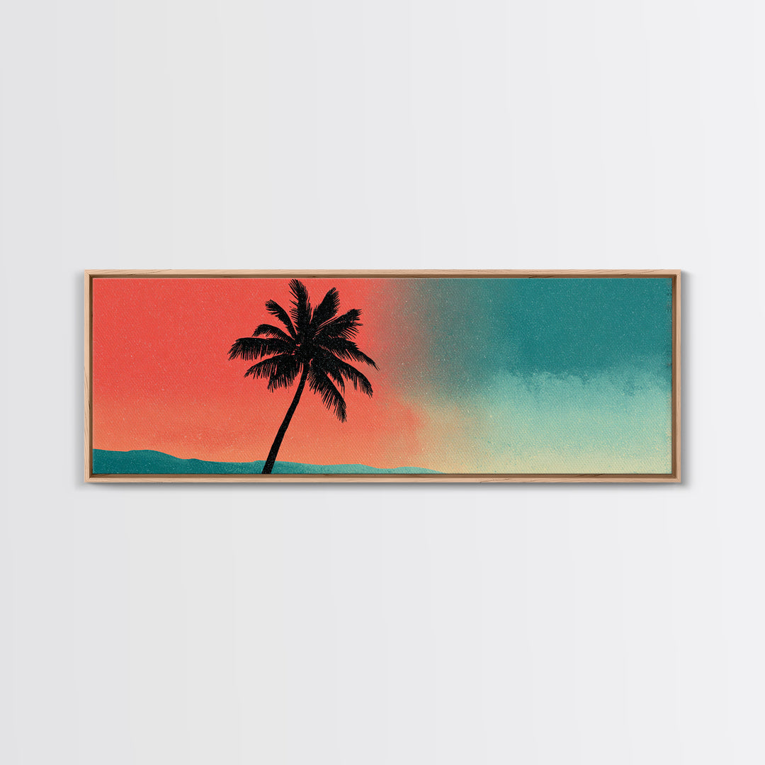 Leaning Palm Teal Coral Sky Wall Art, Retro Desert Landscape Print, Mid Century Modern Decor, Tropical California Poster