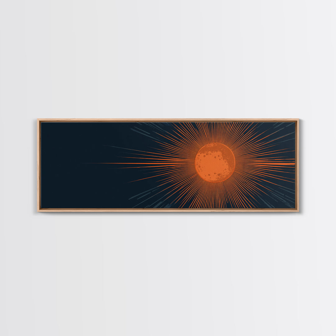 Orange Radiant Sunburst Wall Art, Atomic Mid Century Modern Print, Dark Navy Geometric Decor, Bold Solar Living Room Poster