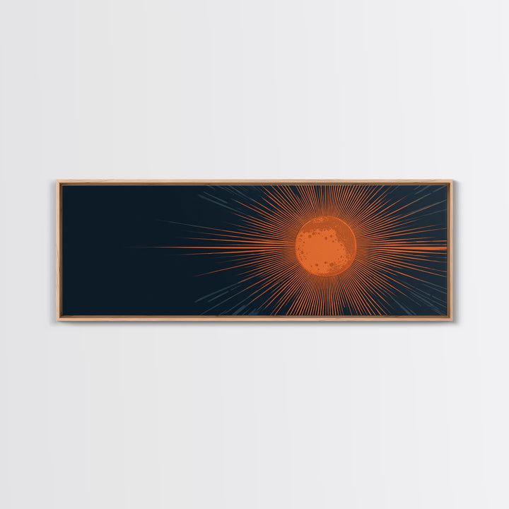 Orange Radiant Sunburst Wall Art, Atomic Mid Century Modern Print, Dark Navy Geometric Decor, Bold Solar Living Room Poster