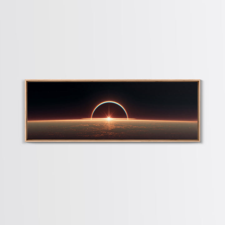 Futuristic Eclipse Horizon Framed Canvas Print, Sci Fi Planet Sunrise Wall Decor, Modern Space Art, Cinematic Living Room Poster