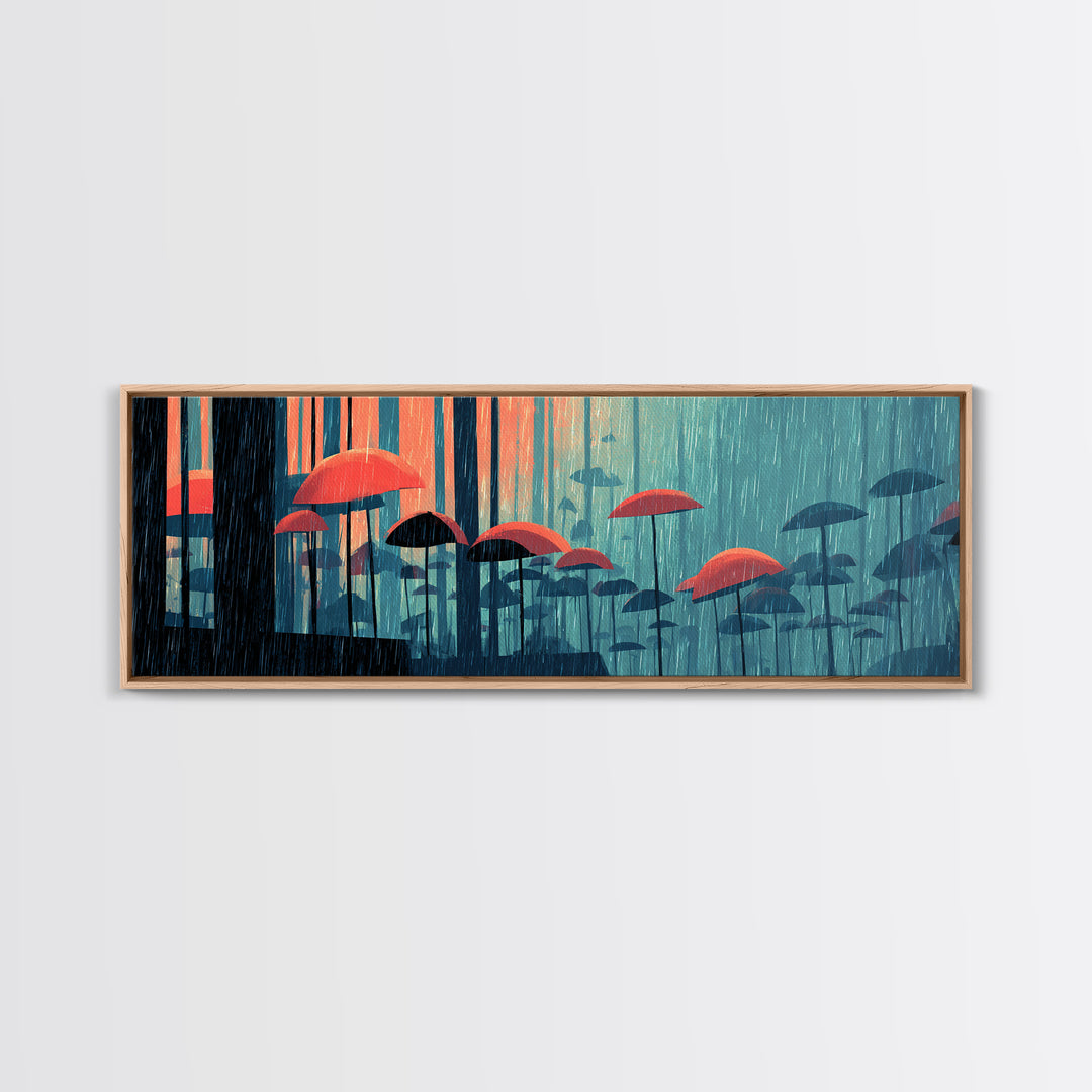 Teal Forest Umbrella Wall Art, Rainy Modern Art Print, Coral Blue Retro Decor, Atmospheric Living Room Canvas Print Gift