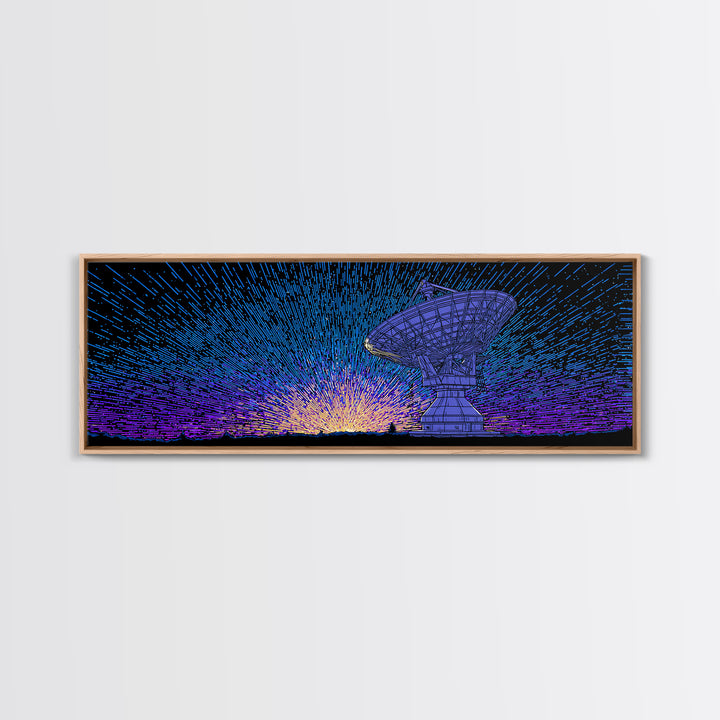 Blue Radio Telescope Starburst Wall Art, Retro Sci Fi Observatory Poster, Mid Century Modern Space Decor, Panoramic Canvas Print