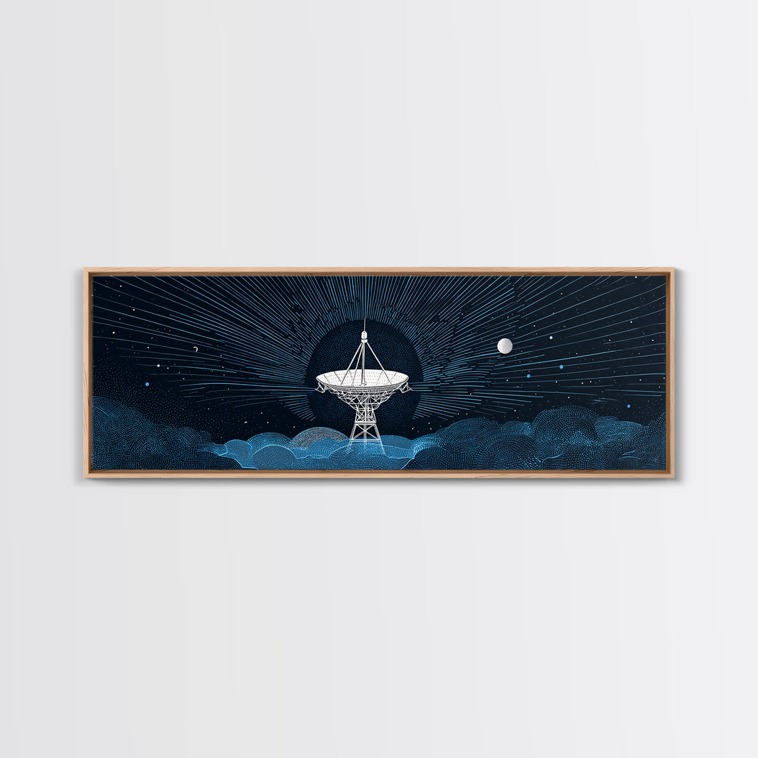 White Radio Telescope Moonlit Wall Art, Retro Sci Fi Observatory Print, Mid Century Modern Space Poster, Blue Panoramic Decor