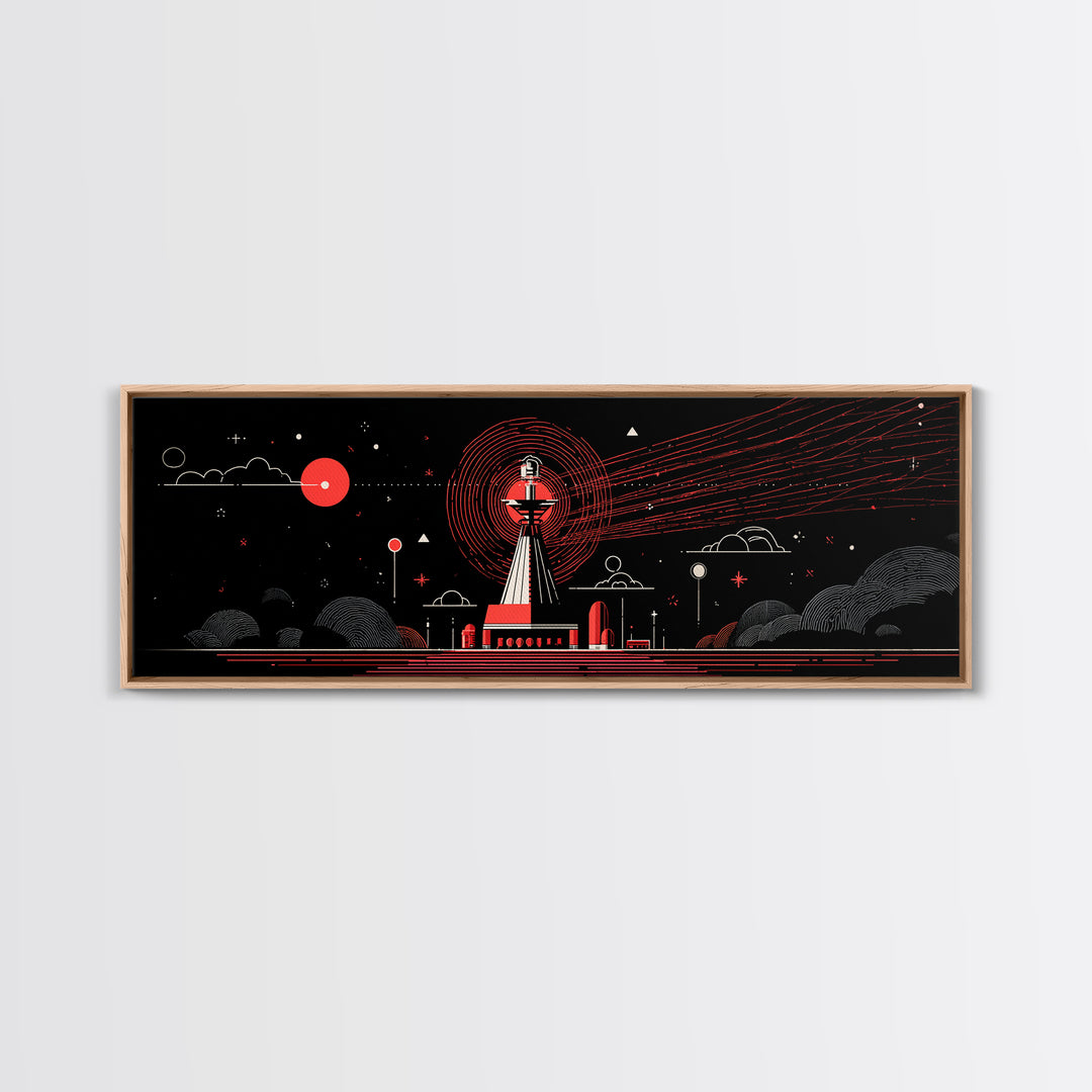 Red Observatory Beacon Wall Art, Retro Sci Fi Space Poster, Mid Century Modern Atomic Radio Telescope Panoramic Canvas Print