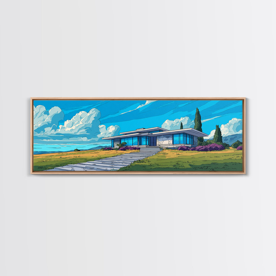 Blue Mid Century Ranch House Wall Art, Modern Architecture Poster, Palm Springs Decor, MCM Home Landscape Framed Canvas Print